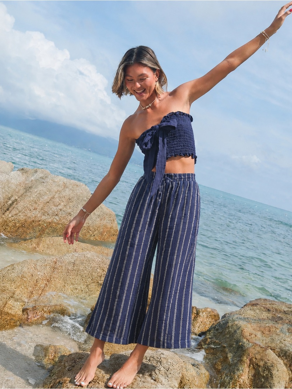 Lotus & Luna Navy Sailor Stripe Cotton Wide Leg Crop Pants $60 NEW